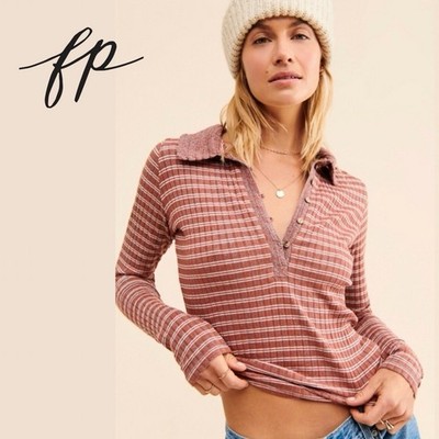Free People Delilah Checker Polo L Rust Crochet Collar Stretch Knit PRISTINE