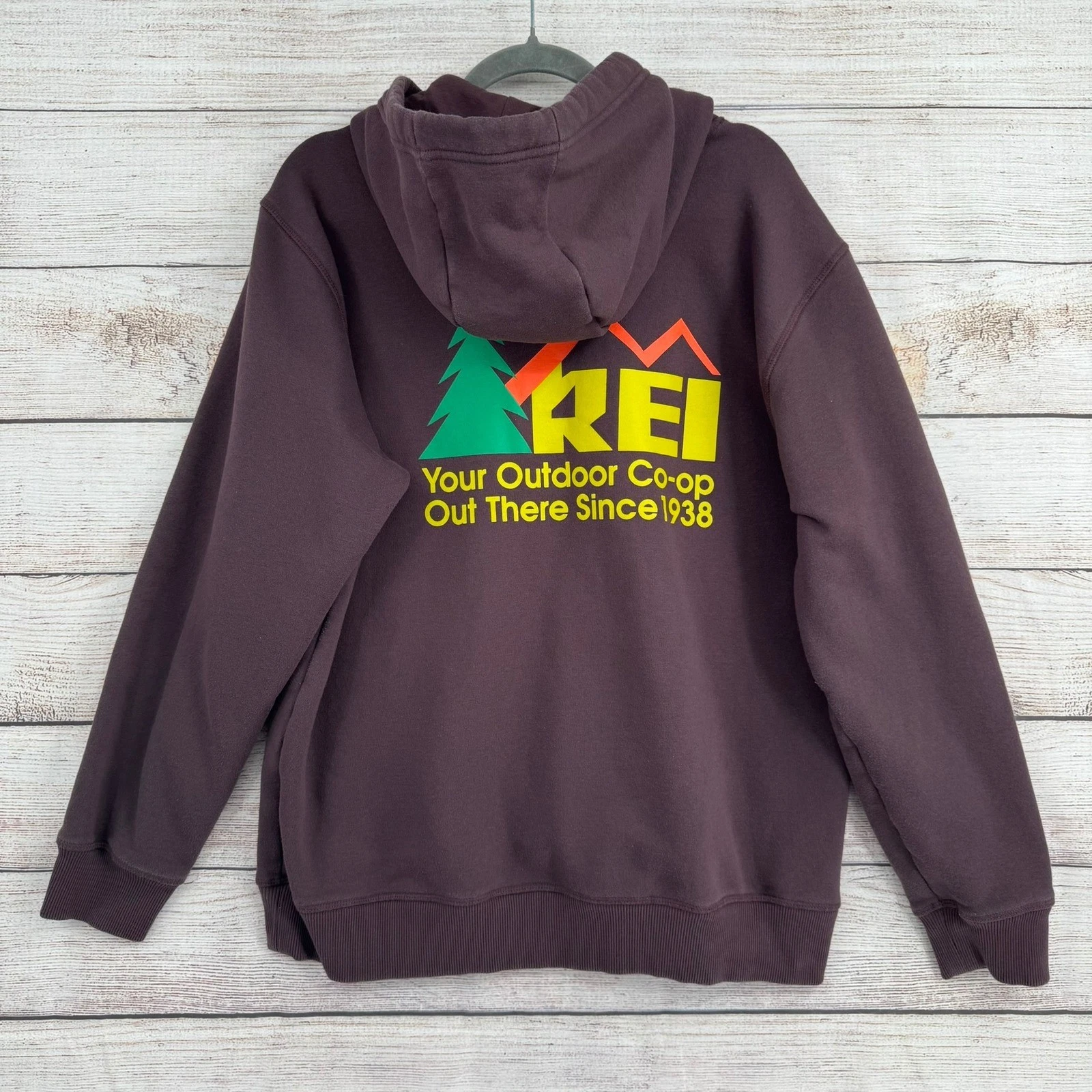 REI Hoodie Mens Large Plum Your Outdoor Co-op Graphic Fleece Pullover