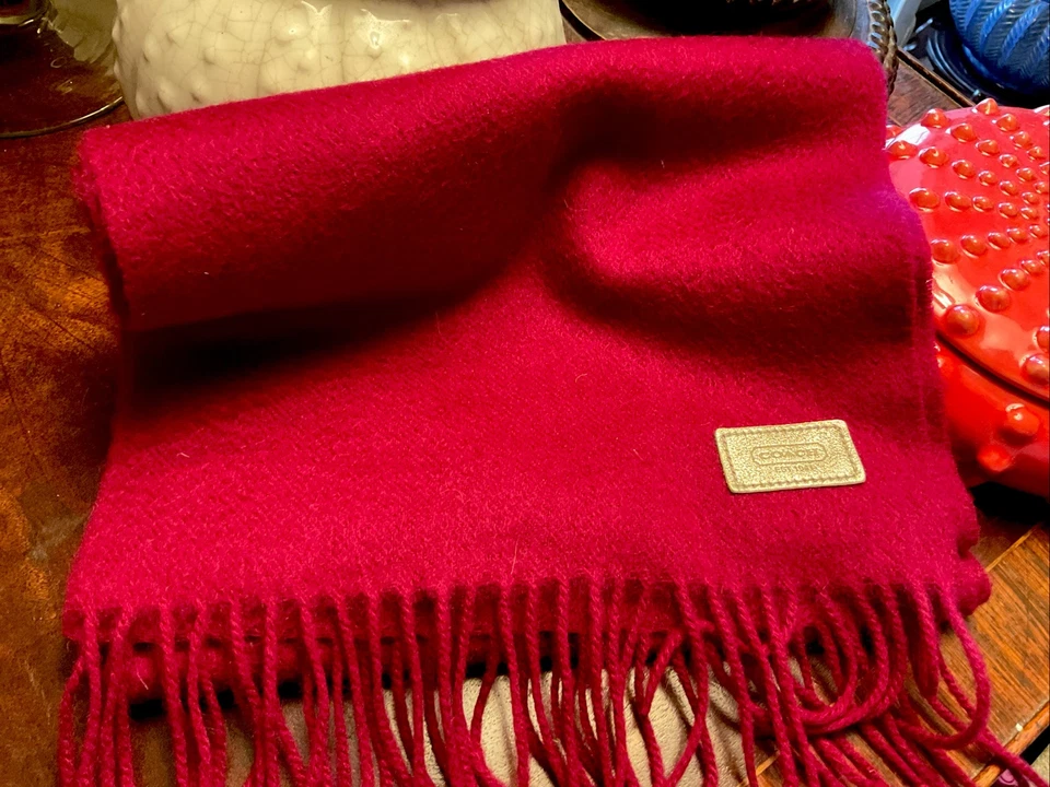 Coach Women's Scarf Cashmere & Wool Blend Fringe Winter Scarf Burgundy 72x10.5" - Image 4 of 4