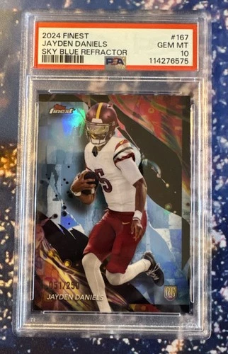 2024 Topps Finest Jayden Daniels #167 Sky Blue Refractor /250 (RC) PSA 10