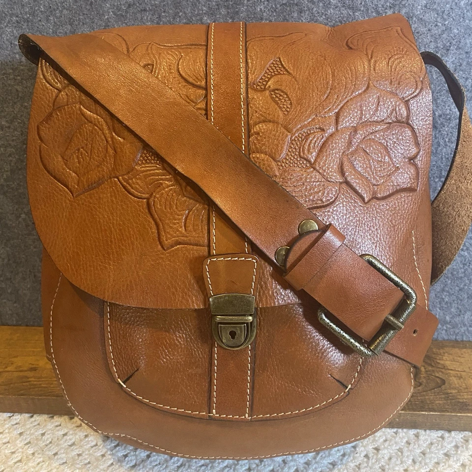 Patricia Nash Tooled Floral Leather Crossbody Bag Purse In Carmel Brown W/Cover - Image 4 of 4