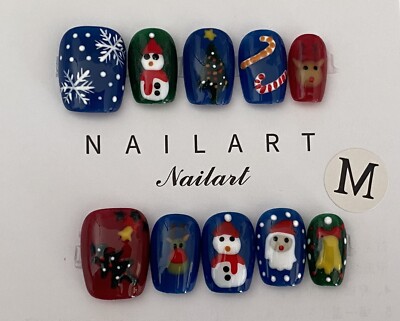 Hand Draw Christmas Nails- Custom Gel Press on Nails  Handmade 10 pc set MEDIUM