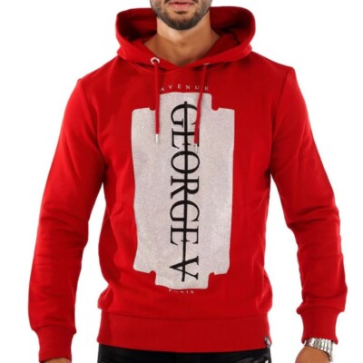 NEW MEN'S GEORGE V AVENUE PARIS RHINESTONE RED GV EMBLEM HOODIE SIZE  LARGE!!