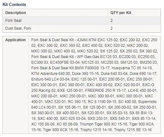 KTM SX 200 2000-2002 Fork Oil & Dust Seal Kit 43x53 — 第 4/4 张图片