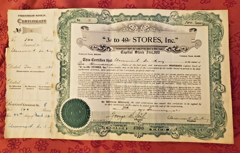 1921 PREFERRED STOCK CERTIFICATE "3c to 49c STORES, INC" NEW YORK- ORANGE COUNTY
