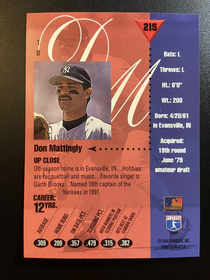 1994 Donruss Studio Don Mattingly #215 Yankees Baseball - Image 2 of 2