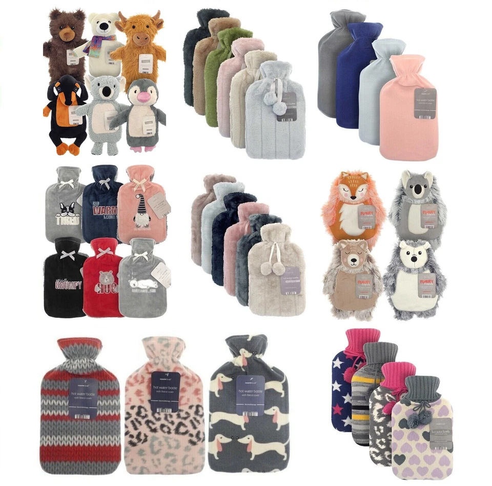 LARGE 1L NATURAL RUBBER HOT WATER BOTTLE WITH WARM KNITTED FLEECE FAUX FUR COVER