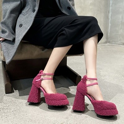 Womens Round Toe Furry Mixed Colors Platform Pumps Block High Heel Shoes