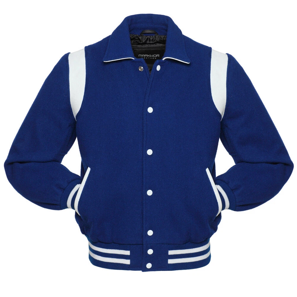 Men's Letterman New Moto Biker Bomber Baseball Sports Blue Wool Varsity Jacket