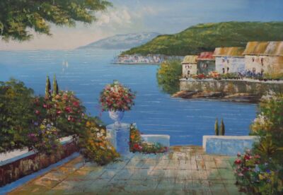 24x36 Wonderful Mediterranean Villa Terrace with Glorious Sea View Oil Painting
