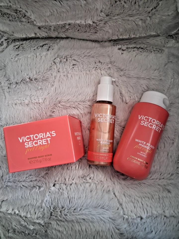 Novo em folha Victoria Secret White Peach Mango Feel Bright Body Care conjunto de 3 - Imagem 3 de 4