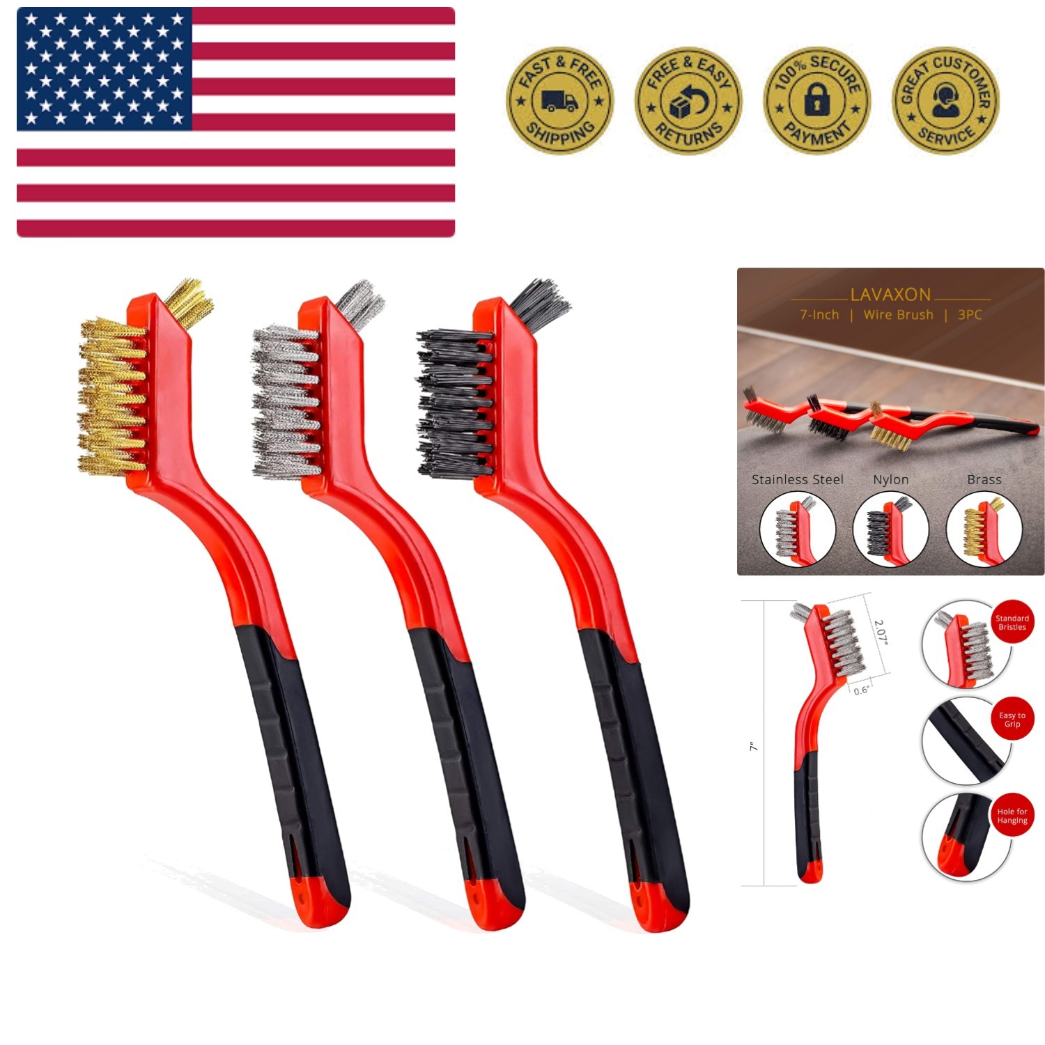 Wire Brush Set 3Pcs - Nylon/Brass/Stainless Steel Bristles with Curved Handle...