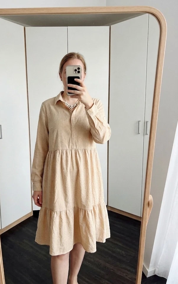 🤩 Beige-weiß Kariertes Langarm Kleid 🌸 Kragen Ausgestellt Business Blogger 38 - Bild 1 von 4