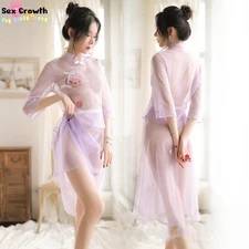 Cheongsam Sheer Blue Sleepwear Sleep Han dress Nighties Women Sexy Lace QIPAO