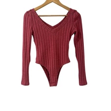 SHEIN Bodysuit Womens Size XS Red V-Neck Long Sleeve Ribbed Casual Sweater Top