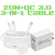 Fast Dual USB C 20W Charger 3 In 1 Cable For Apple Watch Charger iPhone 16 17 14