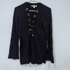 Michael Kors Black Ribbed Lace Up Bell Sleeve Sweater Top Womens Medium