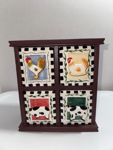 Vintage Decorative Wooden Cabinet with Ceramic Tile Drawers Farm Animals
