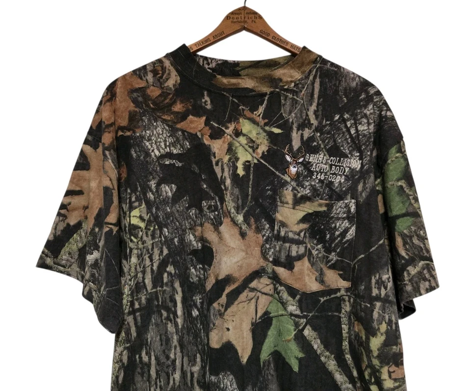 VTG Mossy Oak T-Shirt Men's Large Camouflage Y2K Pocket Tee Embroidered Local Ad - Image 2 of 4