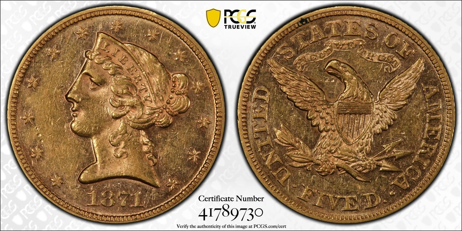 1871 $5 Liberty Head Half Eagle PCGS AU58+