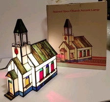 VTG Cracker Barrel Tiffany Style Stained Glass Church Lighted Accent Lamp 
