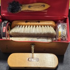 Vintage Kiwi Shoe Shine Compact Kit Brushes Polish Brown Case Black Brown