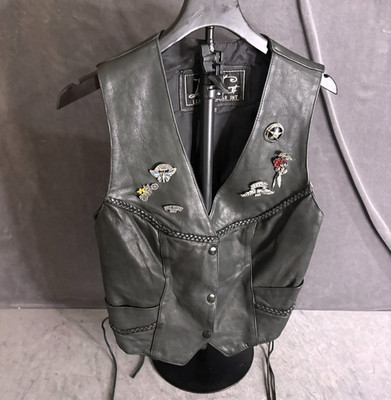 Leather Gear Int Black Leather Motorcycle Vest Side Lacing With Pins Size Large