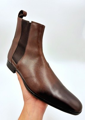 Santoni Chelsea Boots Brown Leather Winter Lined UK8/EU42/US9 Made in Italy