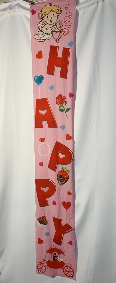 BANNER DE AMOR FELIZ DÍA DE SAN VALENTÍN 6 PIES ROSA CORAZONES TELA PUERTA COLGANTE ALTA TAMAÑO Foto 3 de 4