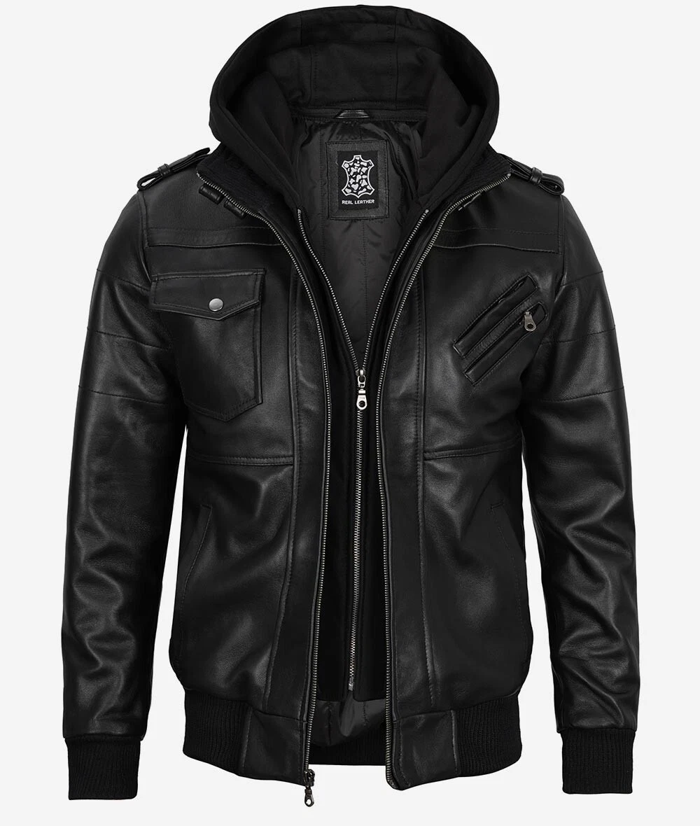 Men's Removable Hood Bomber Moto Biker Racer Real Lambskin Black Leather Jacket