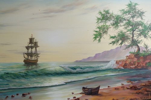 Large original seascape oil painting, Old Wooden sailing ship on the waves art - Picture 3 of 11