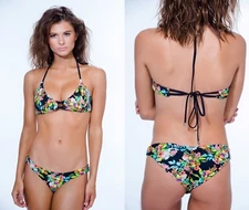 Chi Swimwear Reversible Floral Black Sexy 2-piece Cheeky Bikini Swim Set M