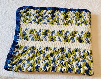 Super Soft Blue, Green & White Crocheted Lap Blanket Throw 42 1/2  x 42 1/2 
