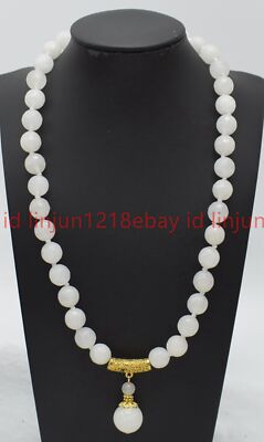 Natürliche schöne 10 mm weiße Jade runde Edelstein Perlen Anhänger Halskette 16-32 Zoll