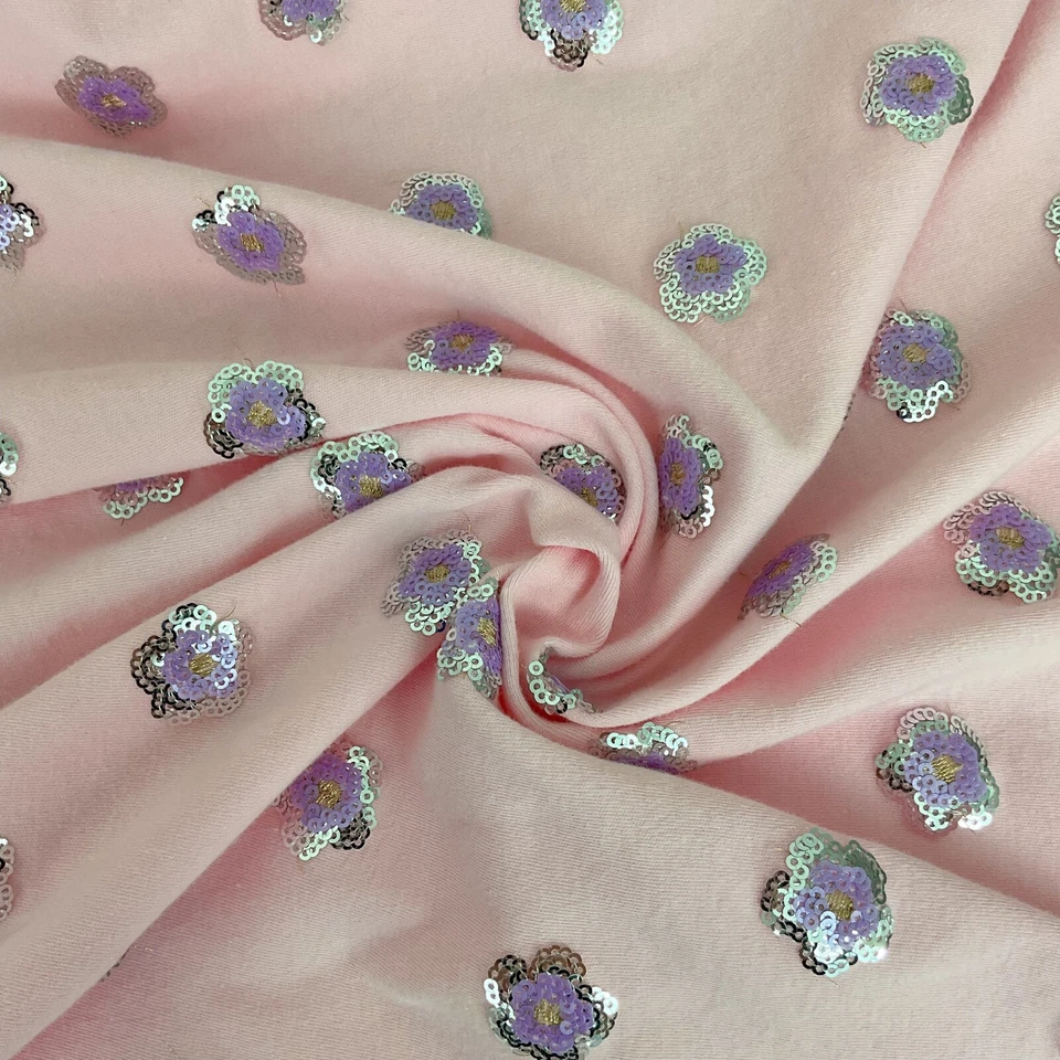 Pink floral sequined sweatshirt knit fabric 64” x 44” purple silver - Image 4 of 4