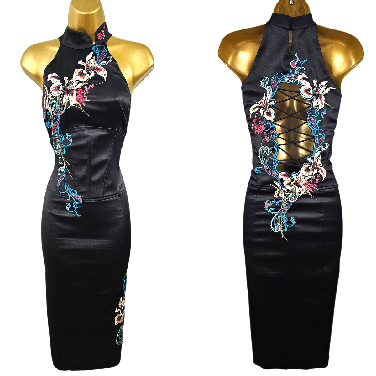 green emerald velvet dress KAREN MILLEN BLACK & SILVER EMBROIDERED SLEEVELESS FIT & FLARE DRESS S   Whispers Dress Agency