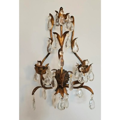 Hollywood Regency Gilt and Crystal Sconces -pair