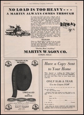 1930 Martin Wagon Lufkin Texas Horse Driven Oil Field Trailers Vintage Print Ad