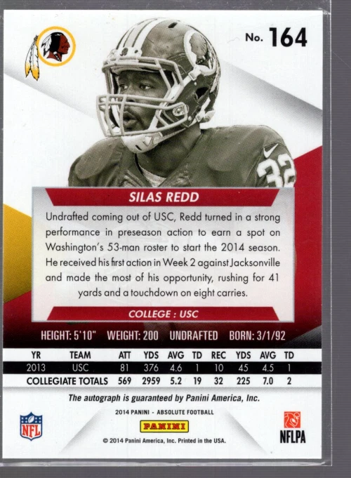 B1157- 2014 Absolute #164 Silas Redd RC Auto /199 - NM-MT - Image 2 of 2