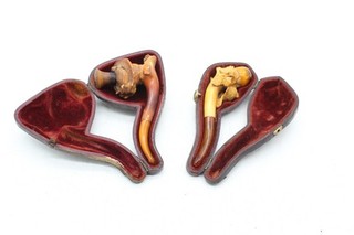 T x2 Vintage Leather Cased Meerschaum Smoking Pipes Ornately Carved Female etc