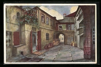 Artist postcard Wroclaw, view of the courtyard 1, left Sabine room with balcony, thorough 