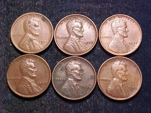 (6) Lincoln Cents; XF detail, corroded: 1920, 1923, 1925-S, 1927,  1928-S & 29-D