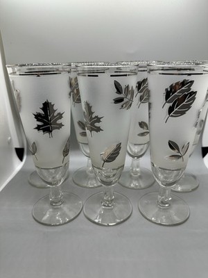 Set of 7 Libbey Silver Leaf Frost Stemmed Pilsner Glasses Vintage MCM Cocktails