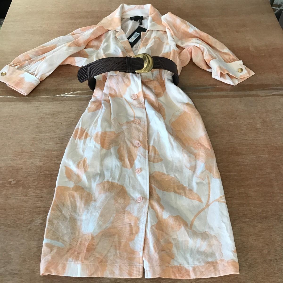 Donna Karan Shirt Dress Women 2 Orange Floral Belted Button Up Linen Blend  Midi | eBay