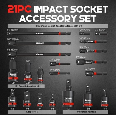EZARC 21-tlg. Impact Steckschlüssel Adapter Set Drehgelenke und Kupplungen 1/4'' 3/8'', 1/2''