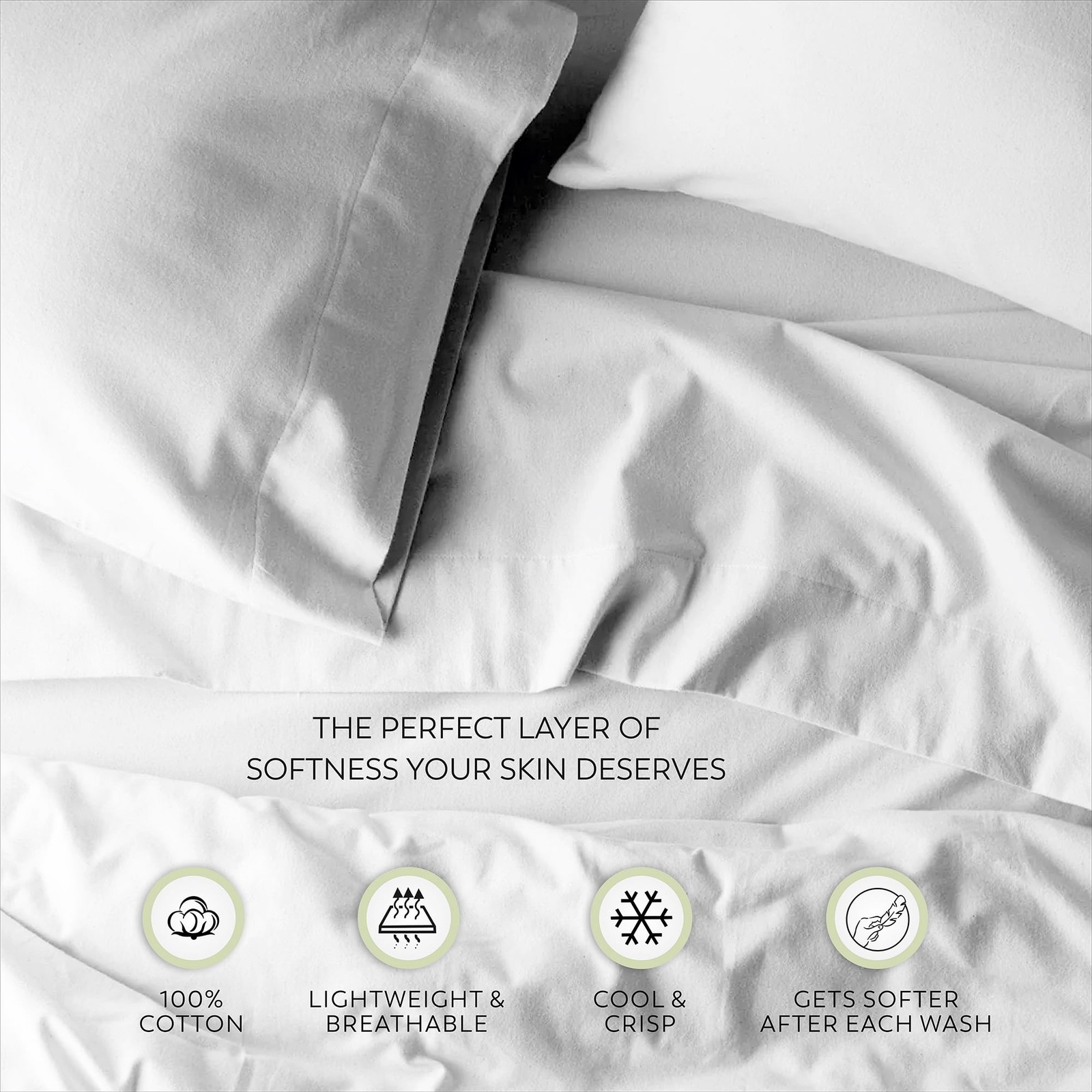 King Size 100% Cotton Percale Sheets - Cool, Crisp, Breathable, Arctic White