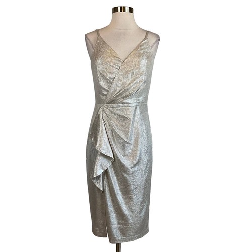 Eliza J Women's Cocktail Dress Size 10 Gold Metallic Sleeveless V-Neck Sheath