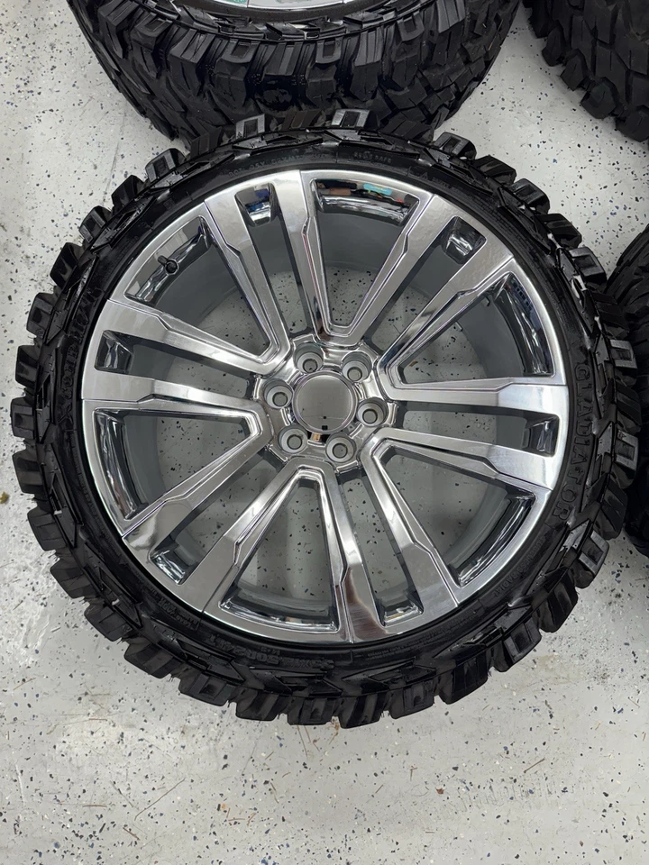24" SILVERADO YUKON TAHOE ESCALADE SUBURBAN CHROME WHEELS 35” MUD MT TIRES - Image 3 of 4