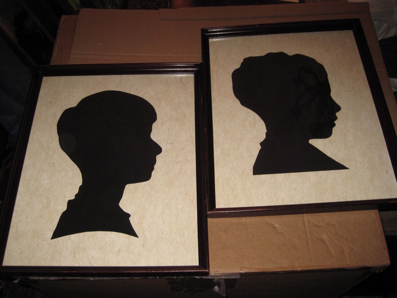 Antique Pair Silhouette American Children Profile in Period Mahogany Frame c1860
