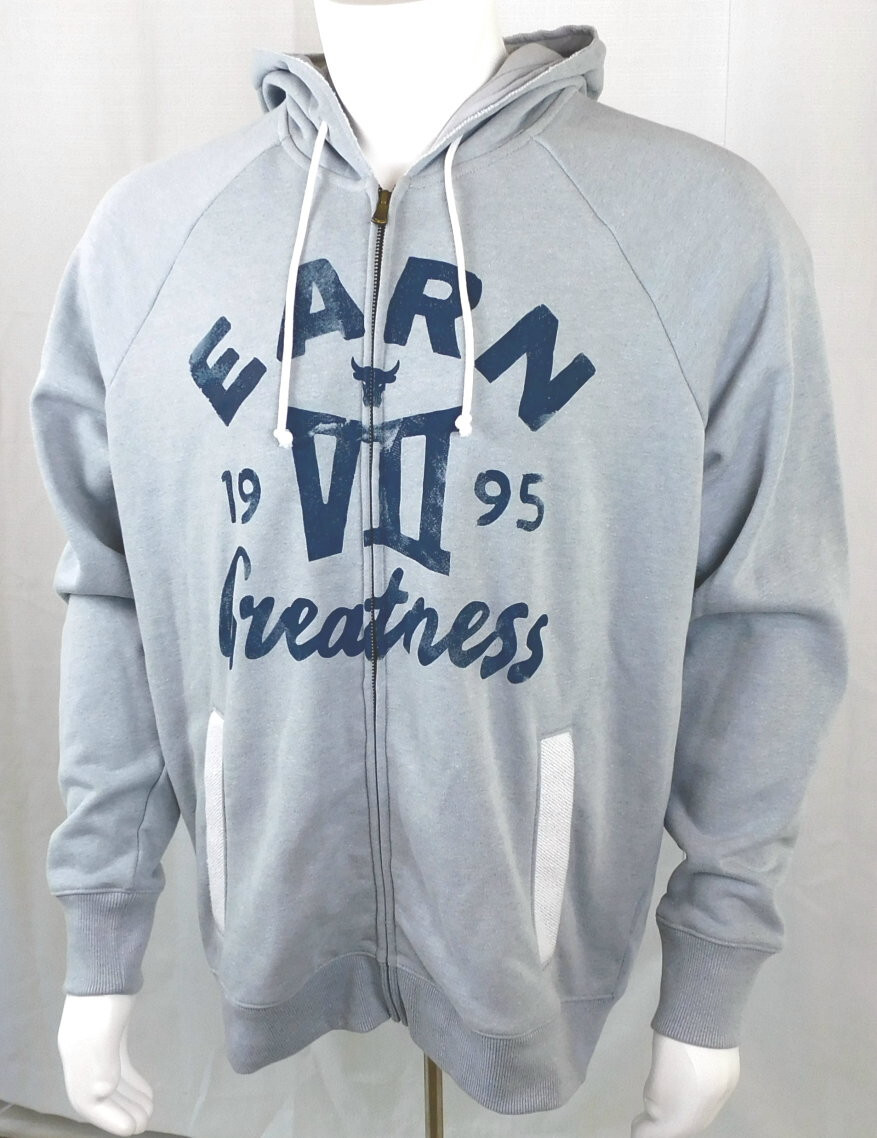 Under Armour Project Rock Hooded Sweatshirt Full Zip Gray u0026#034;Earn  Greatnessu0026#034; Sz L | eBay